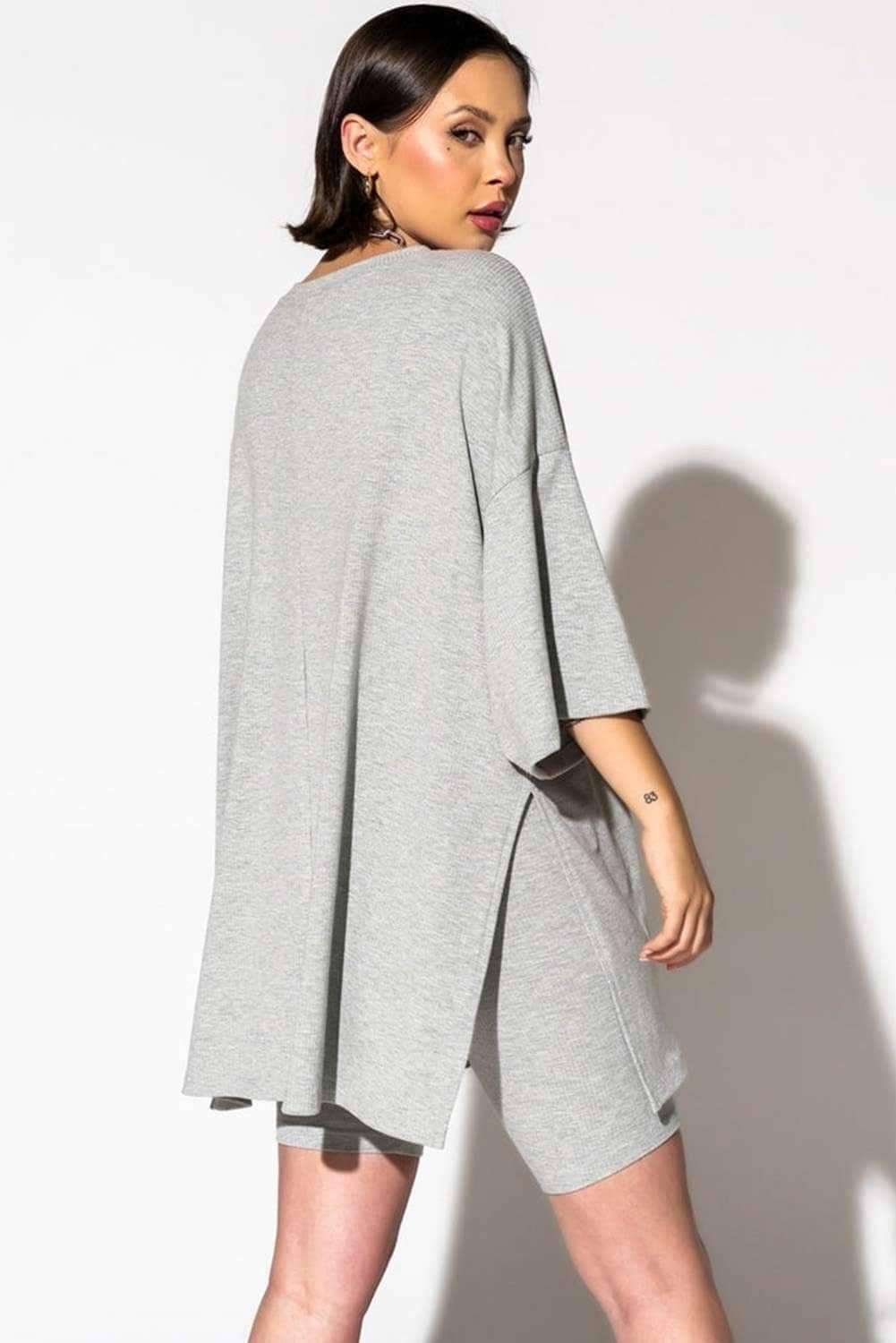 Light Grey Solid Color Loose Tunic Top And Slim Shorts Set
