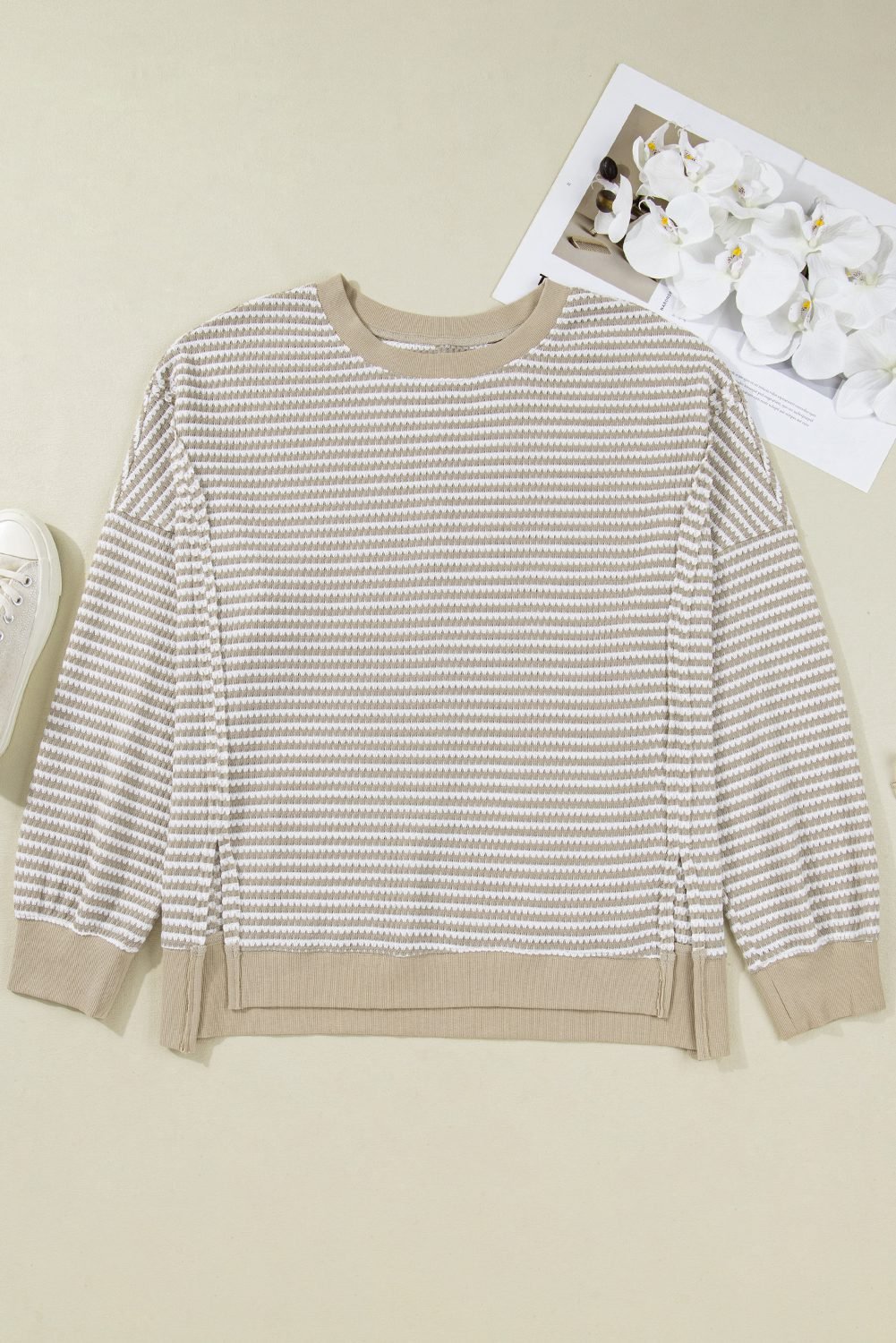 Brown Stripe Plus Size Breathable Knit Ribbed Trim Long Sleeve Top