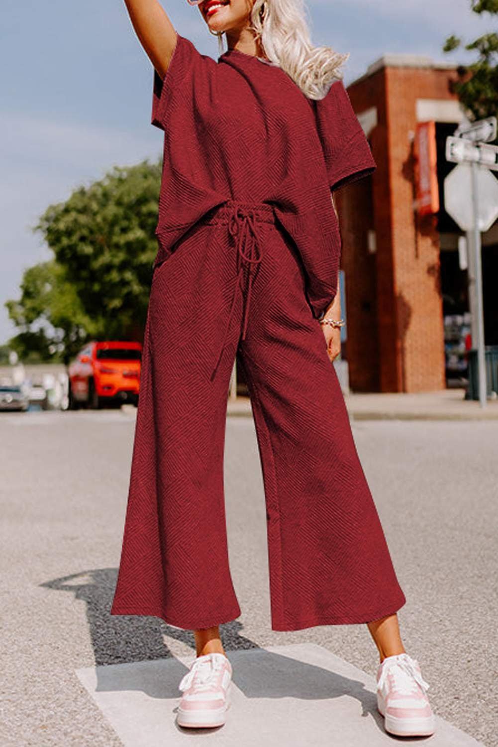 Red Dahlia Textured Loose Fit T Shirt And Drawstring Pants Set