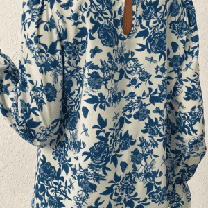 Sky Blue Floral Print Flounce Sleeve Keyhole Back Blouse