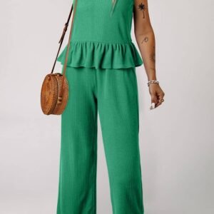 Green Solid Color Ribbed Ruffle Tank Top And Pants Set