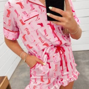 Pink Western Cowgirl Boots Printed Shirt Ruffled Shorts Pajama Set