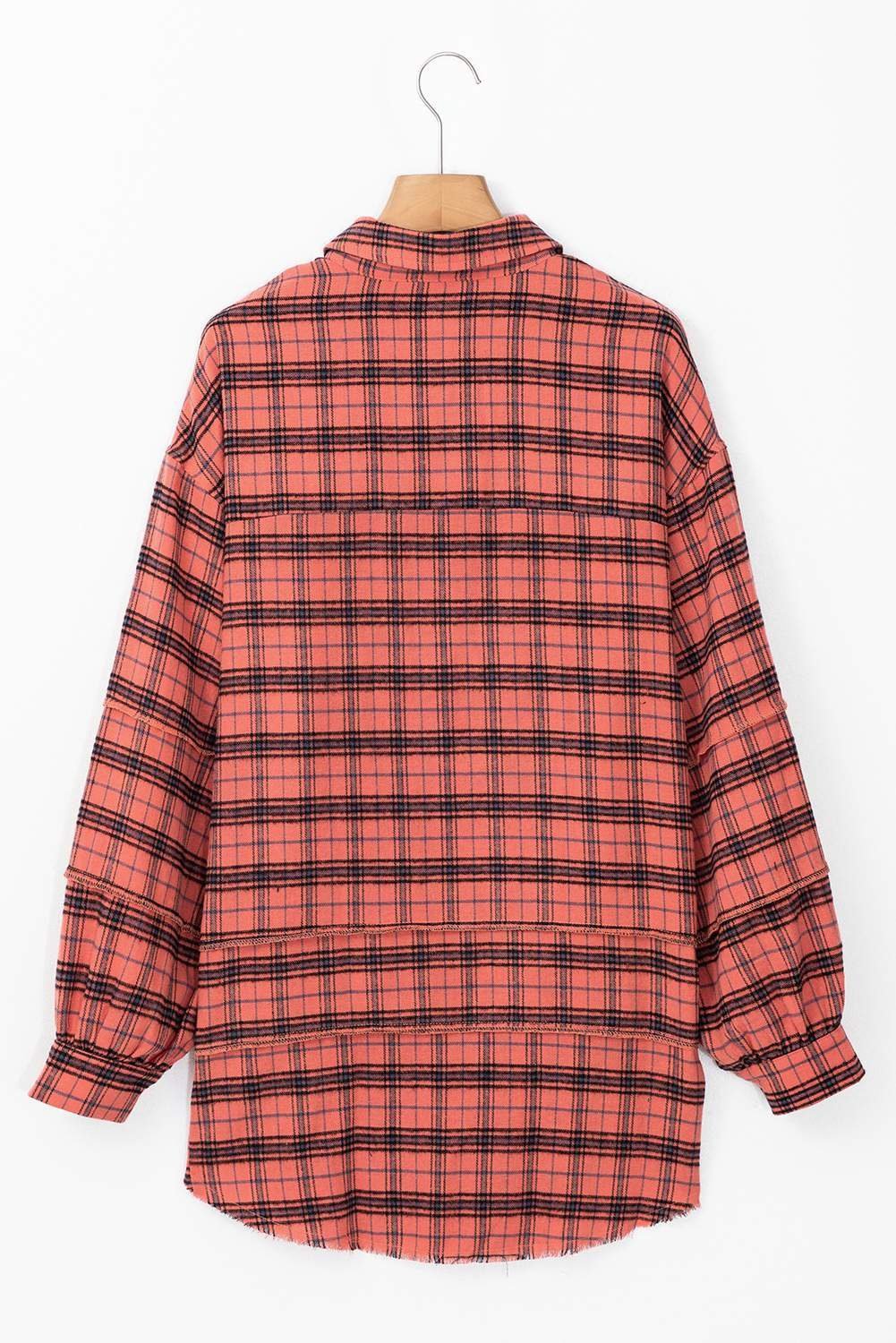 Red Plaid Long Sleeeve Side Split Distressed Hem Shirt