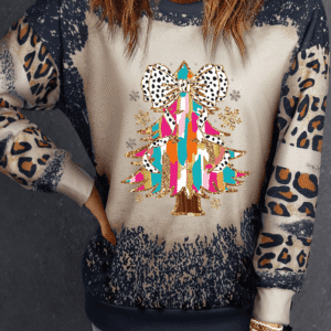 Black Christmas Tree Graphic Bleached Leopard Tie Dye Sweatshirt