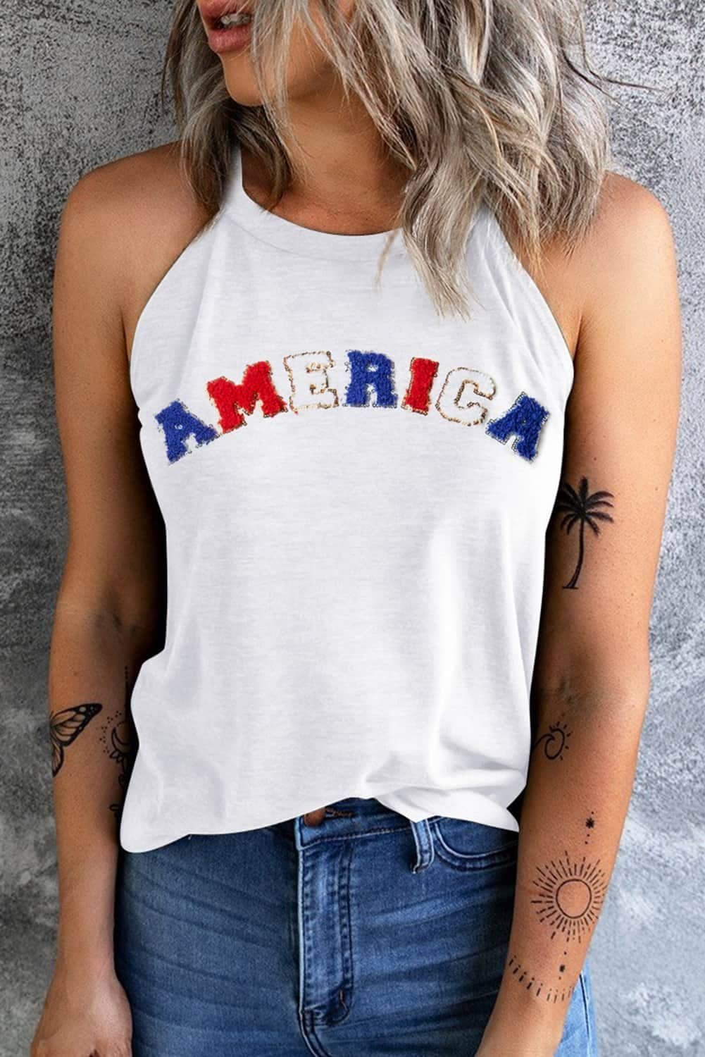 White Chenille America Graphic Tank Top