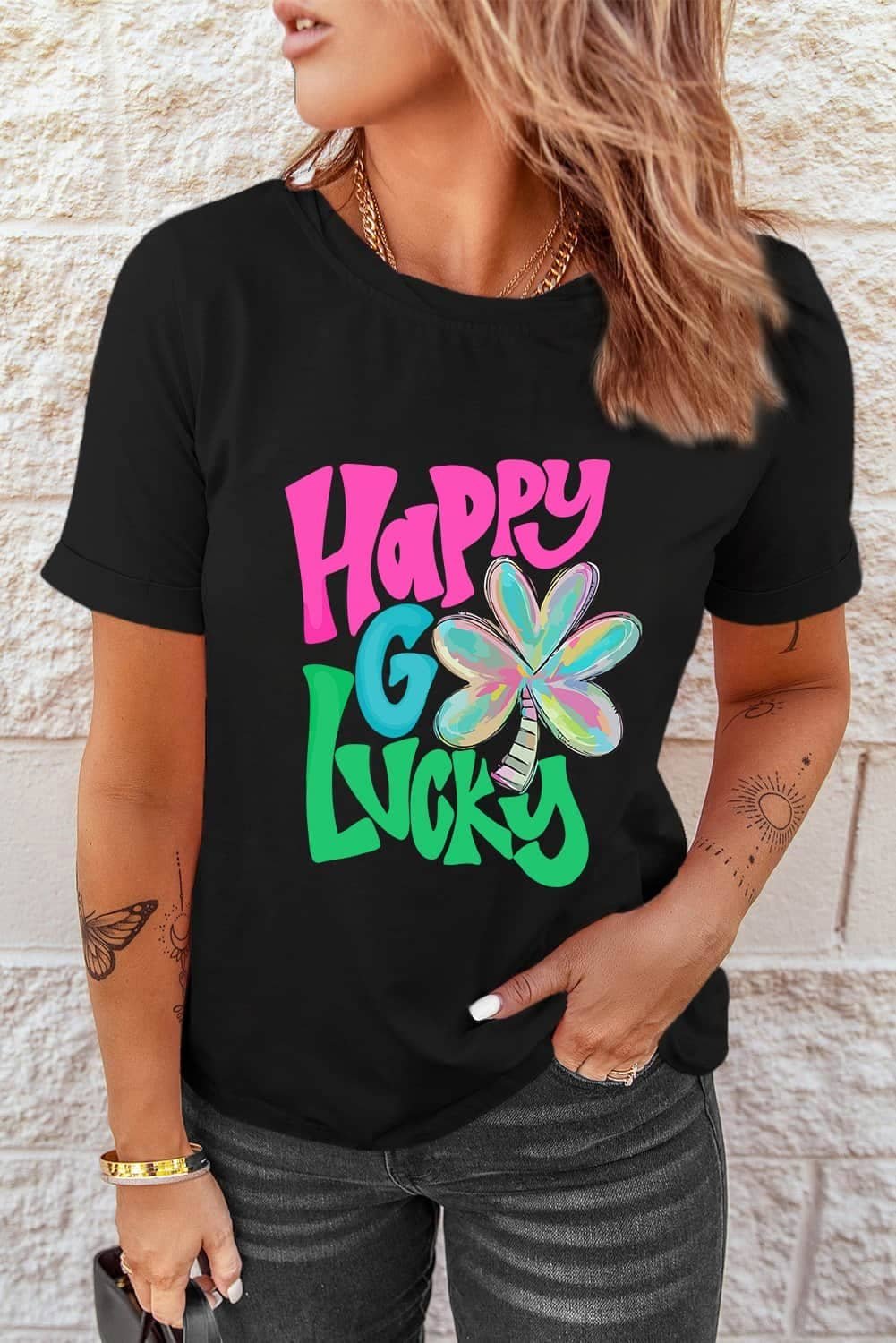 Black Happy Go Lucky Clover Print Crew Neck T Shirt