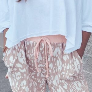 Khaki Classic Leopard Arched Hem Elastic Waist Casual Shorts