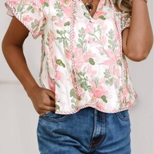 Pink Floral Print Striped Contrast Tiered Ruffled Sleeve V Neck Blouse