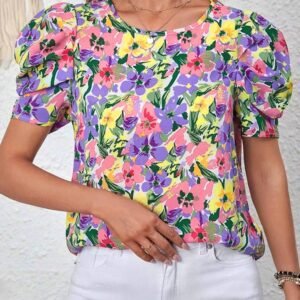 Purple Floral Print Puff Short Sleeve Crew Neck Blouse