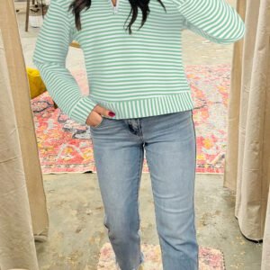 Green Stripe Quarter Zip Collar Pullover Long Sleeve Top