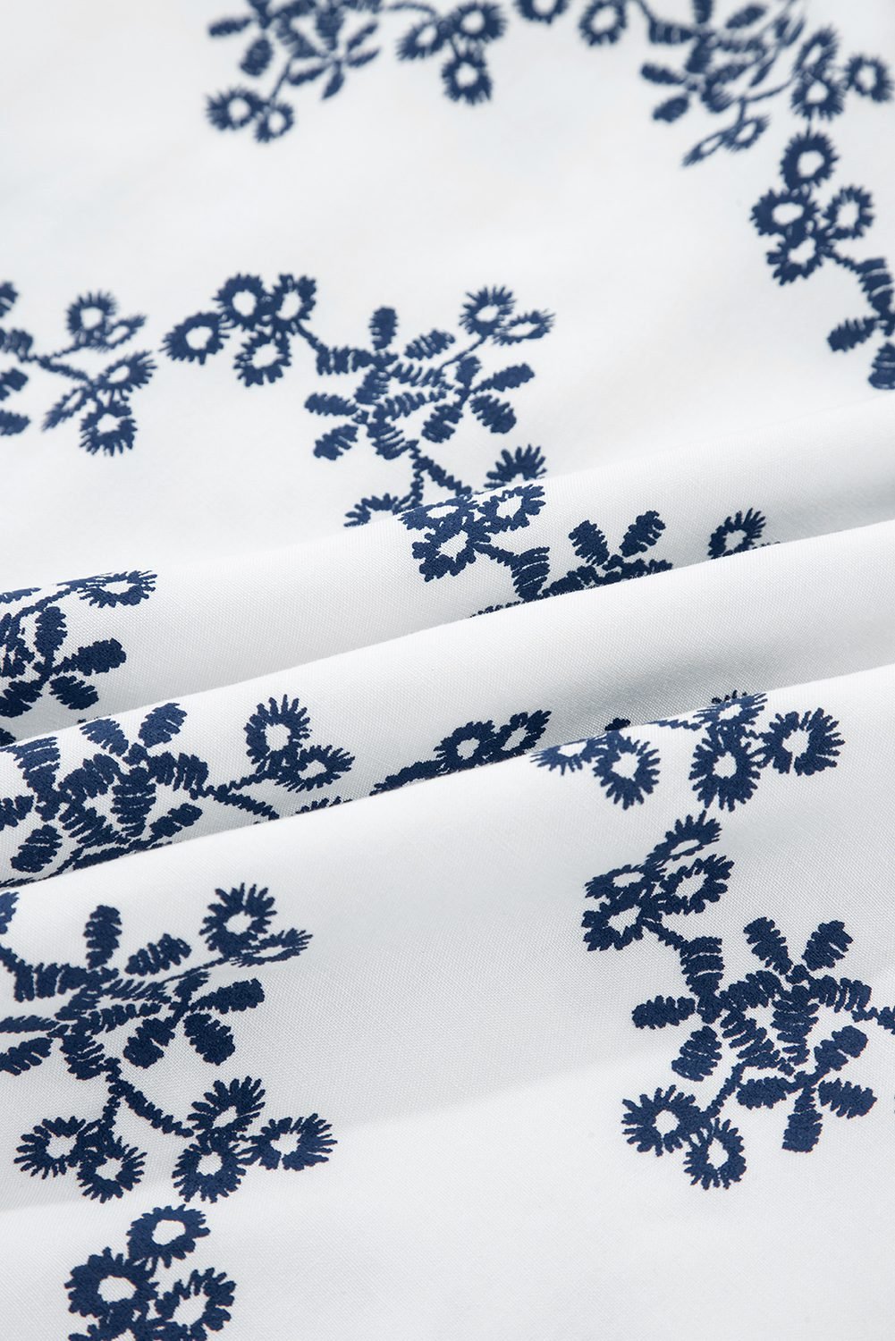 Blue Lace Patchwork Floral Bubble Sleeve V Split Neck Blouse