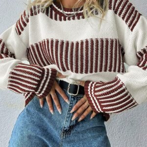 Brown Two Tone Striped Patchwork Drop Shoulder Loose Sweater