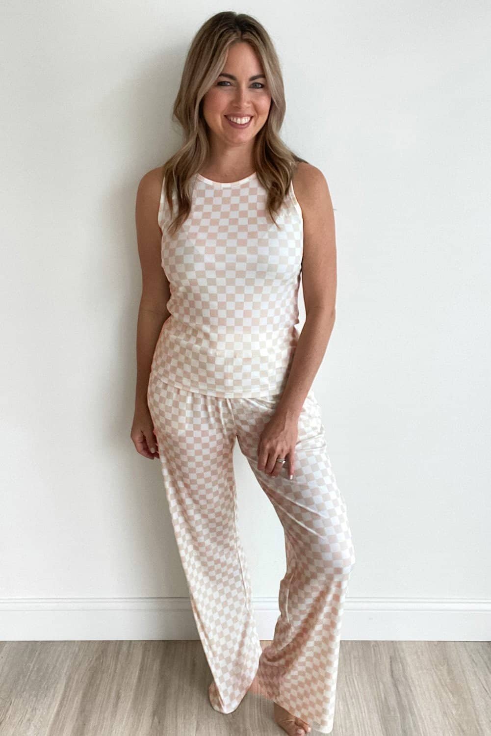 White Ribbed Texture Checkered Print 2Pcs Tank And Pants Set