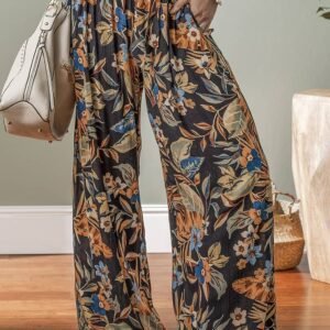 Multicolour Floral Shirred High Waist Wide Leg Pants With Tie