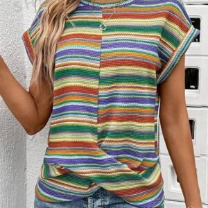 Multicolour Striped Pattern Twist Hem Short Sleeve Top