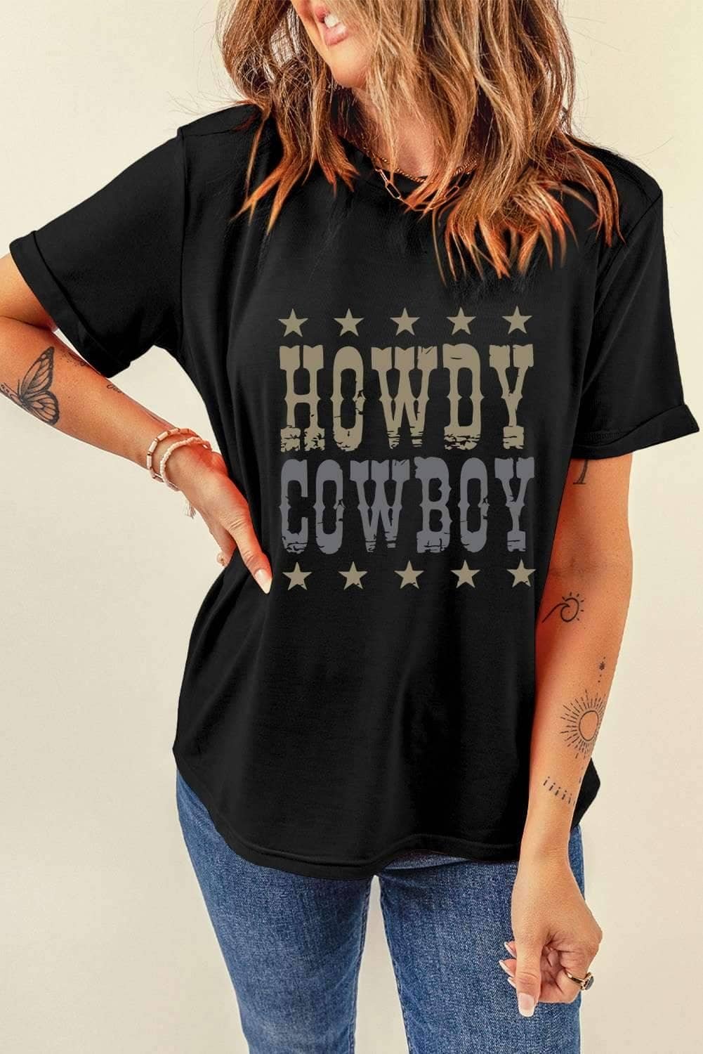 Black Howdy Cowboy Star Print Crew Neck Loose T Shirt