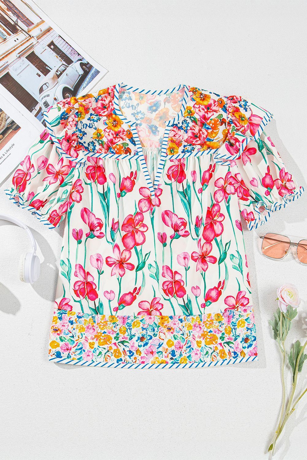 Pink Floral Print Striped Detail Split Neck Short Sleeve Blouse