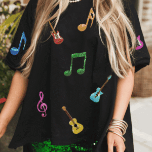 Black Guitar Music Notes Patched Graphic Oversize Tee