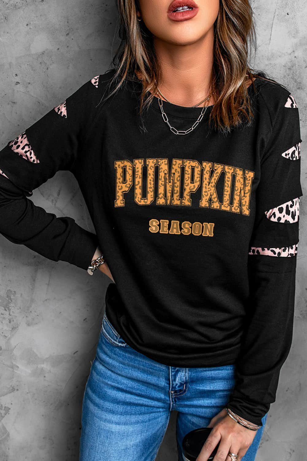 Black Leopard Pumpkin Season Graphic Ripped Sleeve Sweatshirt