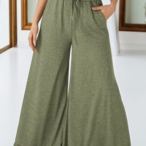 Jungle Green Ruffled Wide Leg Pull On High Waist Pants With Pockets
