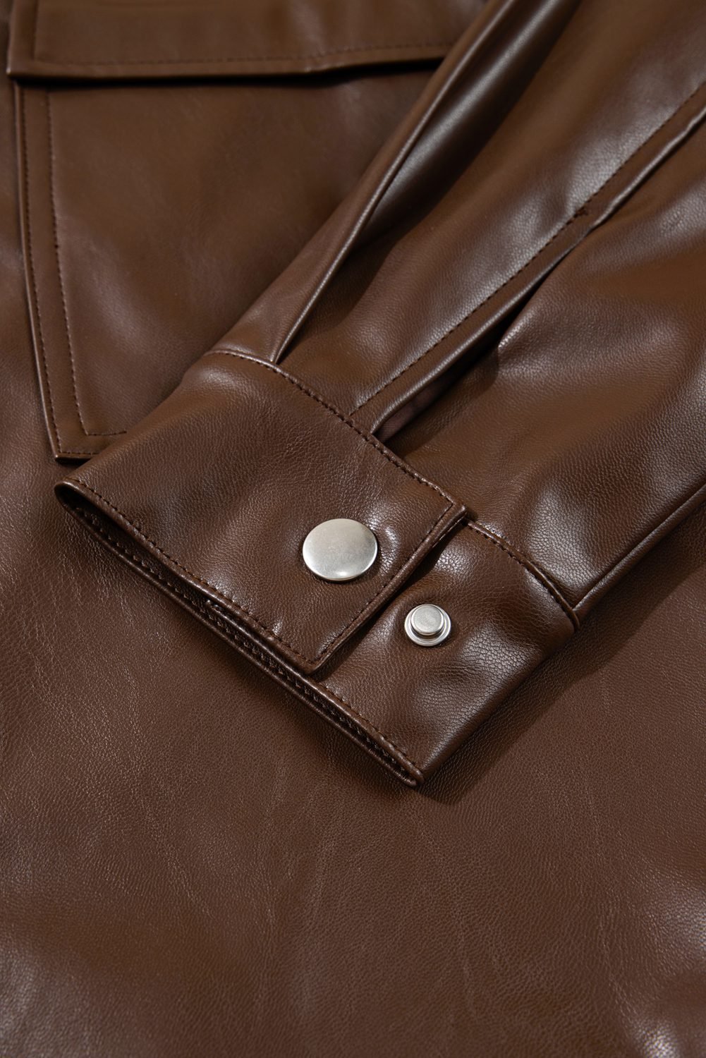 Chicory Coffee Double Flap Pocket Drawstring Hem Leather Jacket