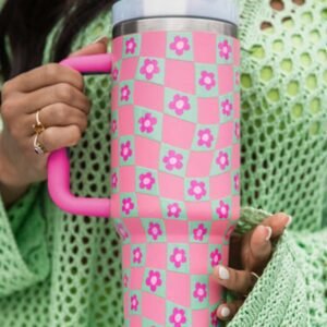 Bright Pink Flower Checkered Pattern Cup With Straw 40Oz