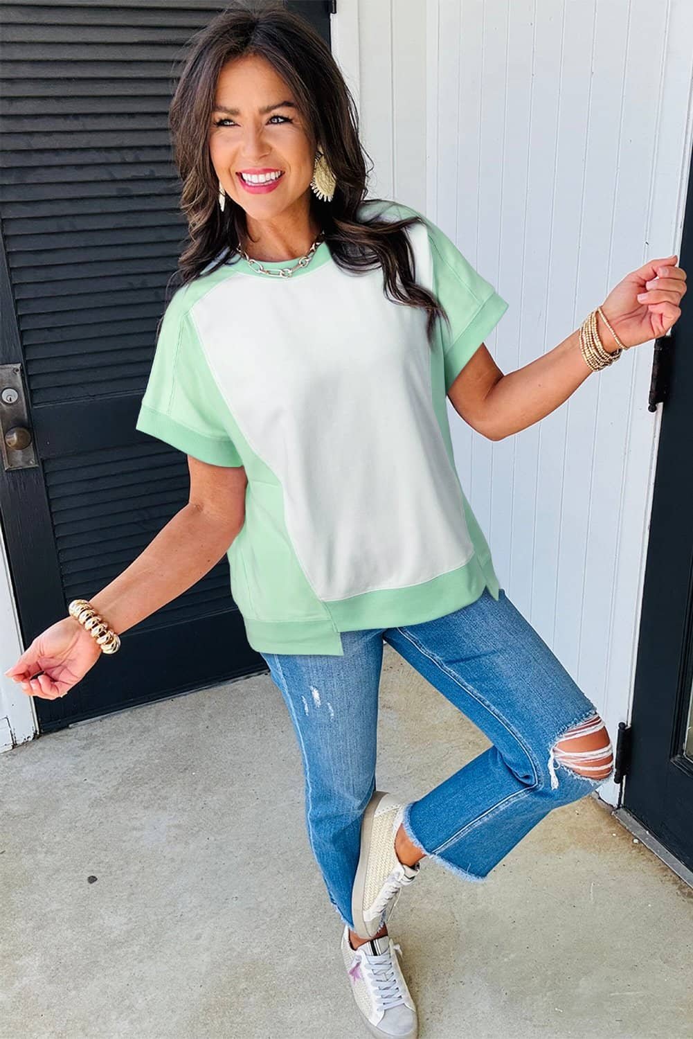 Light Green Color Block Exposed Seam Crew Neck T Shirt