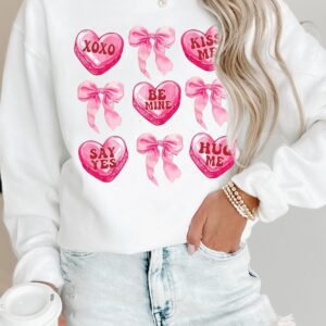White Valentine Candy Heart & Bow Graphic Sweatshirt