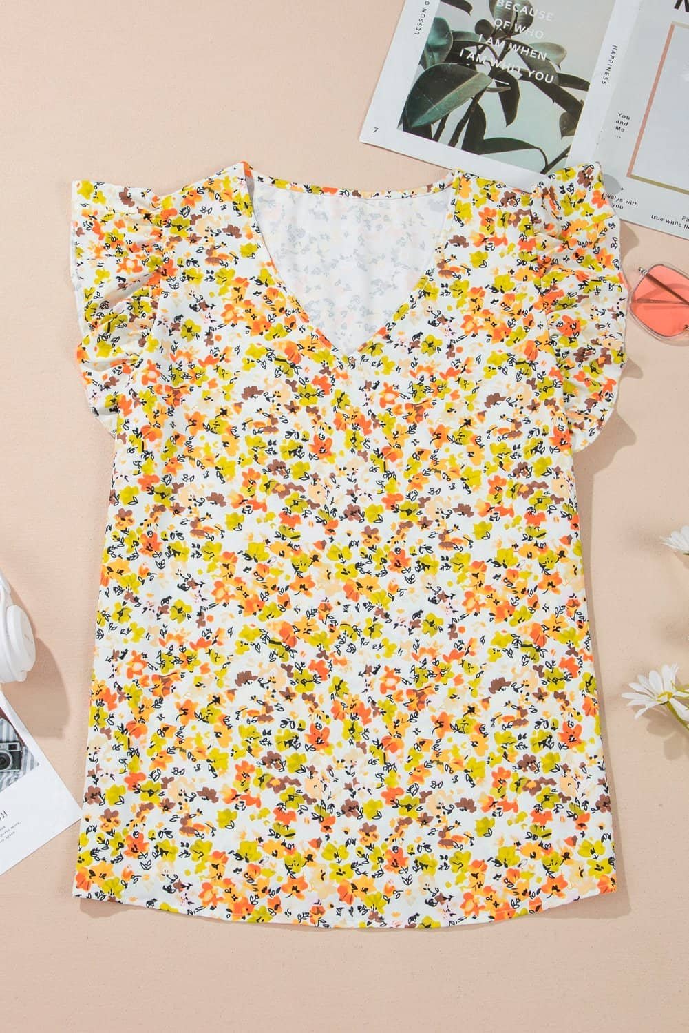 Green Floral Print Ruffled Sleeveless V Neck Tank Top