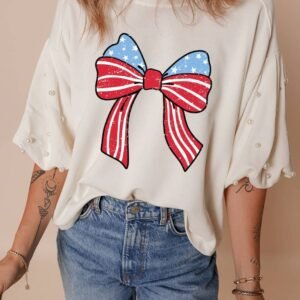White Stars Stripes Bowknot Graphic Pearled Puff Half Sleeve T Shirt