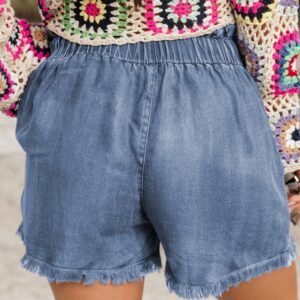 Dusk Blue Raw Hem Lace-Up High Waist Plus Size Denim Shorts