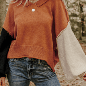 Desert Gold Colorblock Raw Edge Bubble Sleeve V Neck Sweater