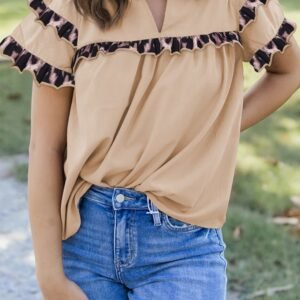 Smoke Gray Leopard Ruffles Trim Tiered Short Sleeve Blouse