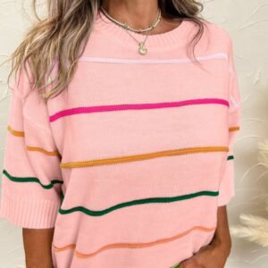 Pink Colorblock Striped Half Sleeve Drop Shoulder Sweater