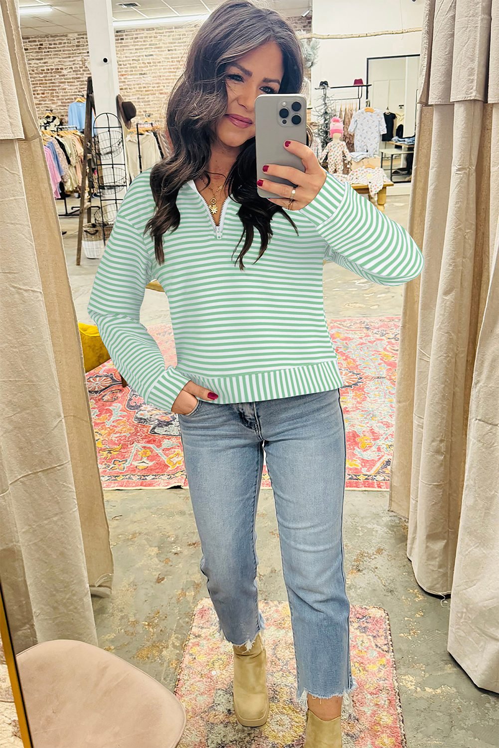 Green Stripe Quarter Zip Collar Pullover Long Sleeve Top