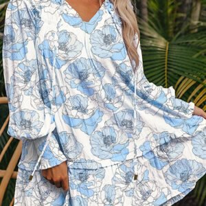 Sky Blue Floral Print Tie Neck Long Sleeve Flowy Mini Dress