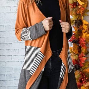 Orange Colorblock Striped Patchwork Open Cardigan
