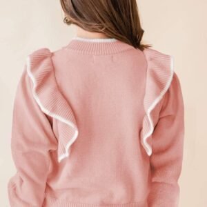 Light Pink Ruffled Bowknot Ribbed Trim Long Sleeve Sweater