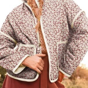 Pink Floral Print Contrast Edge Stand Neck Coat