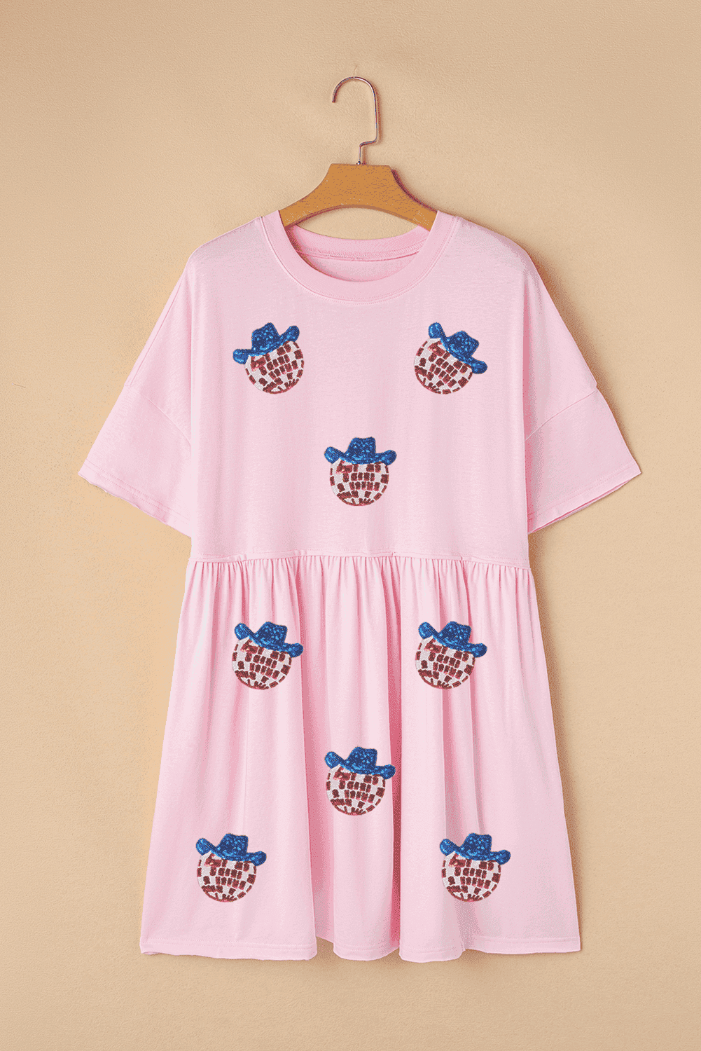 Light Pink American Flag Inspired Sequin Disco Ball Patched Shift Mini Dress