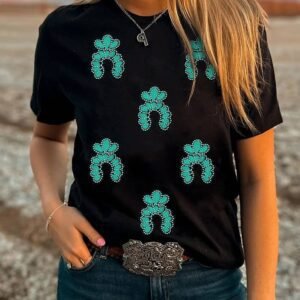 Black Western Turquoise Pattern Sequin Patched T Shirt