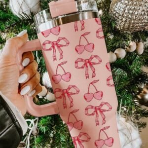 Apricot Pink Cherry Bowknot Stylish Large Tumbler With Handle 40Oz