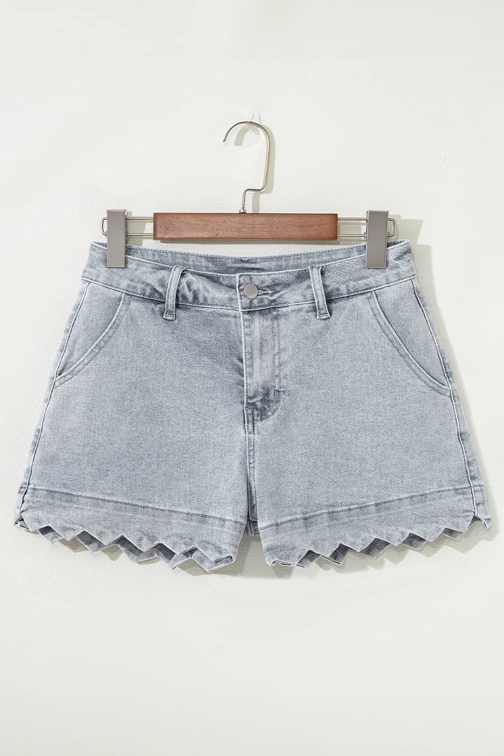 Dusk Blue Scalloped Hemline Acid Wash High Waist Denim Shorts