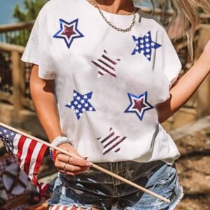 White Usa Sequin Stars Patched Casual T Shirt