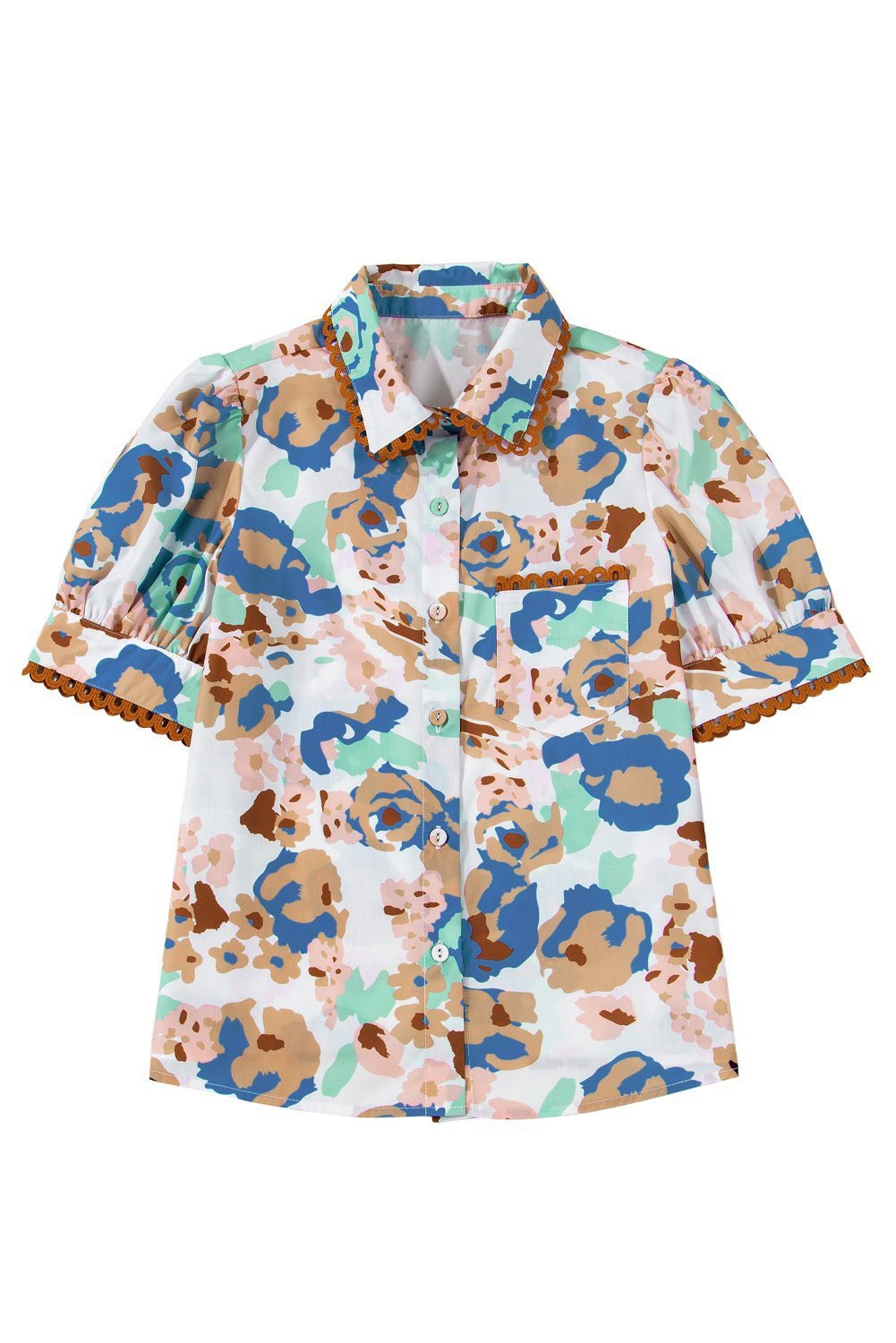 Multicolour Floral Print Ricrac Trim Collared Puff Short Sleeve Shirt