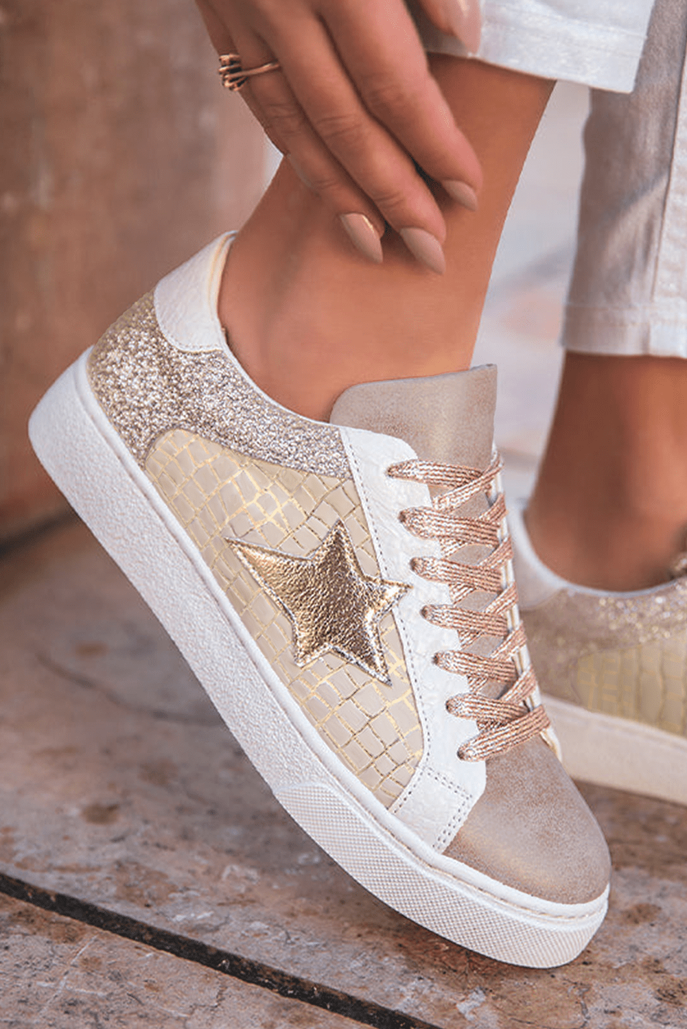 Gold Glitter Star Patchwork Pu Leather Lace-Up Sneakers