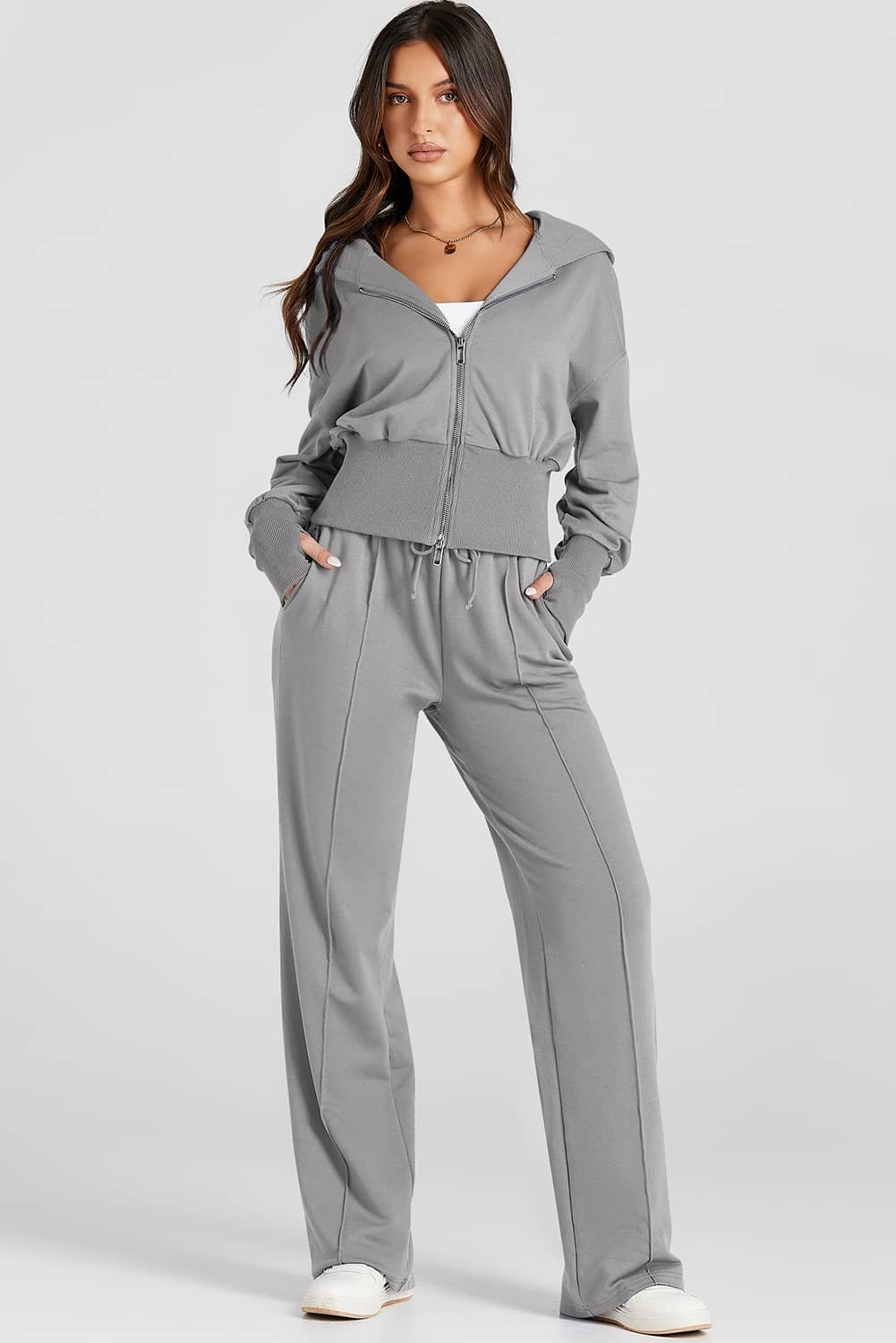 Gray Double Zipper Hooded Jacket And Sweatpants Active Set