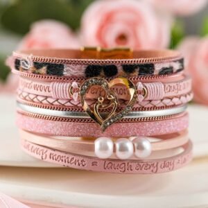 Pink Leopard Letter Print Heart Shaped Magnetic Buckle Bracelet
