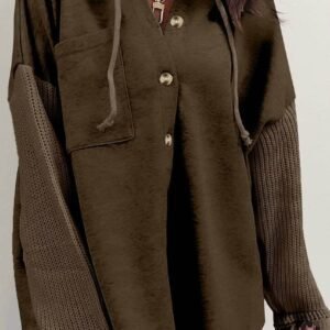 Dark Brown Button Up Contrast Knitted Sleeves Hooded Jacket