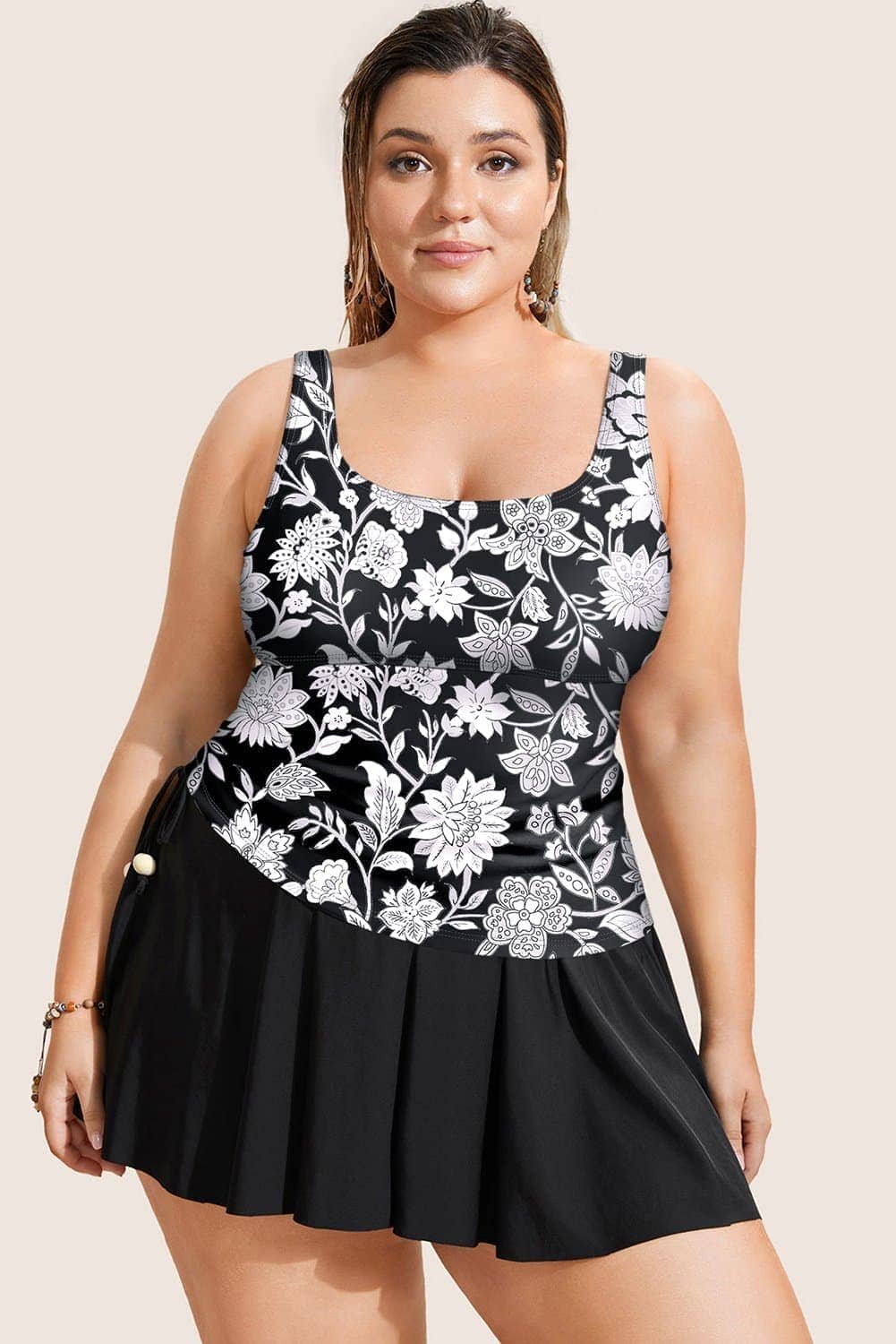 Black Plus Size Printed Square Neck Drawstring Ruffled Tankini Set